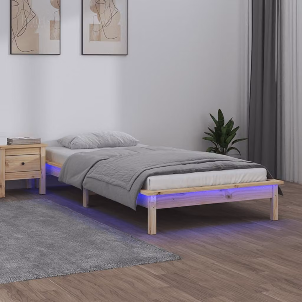 The Living Store Letto in legno massiccio con LED 90x200 cm