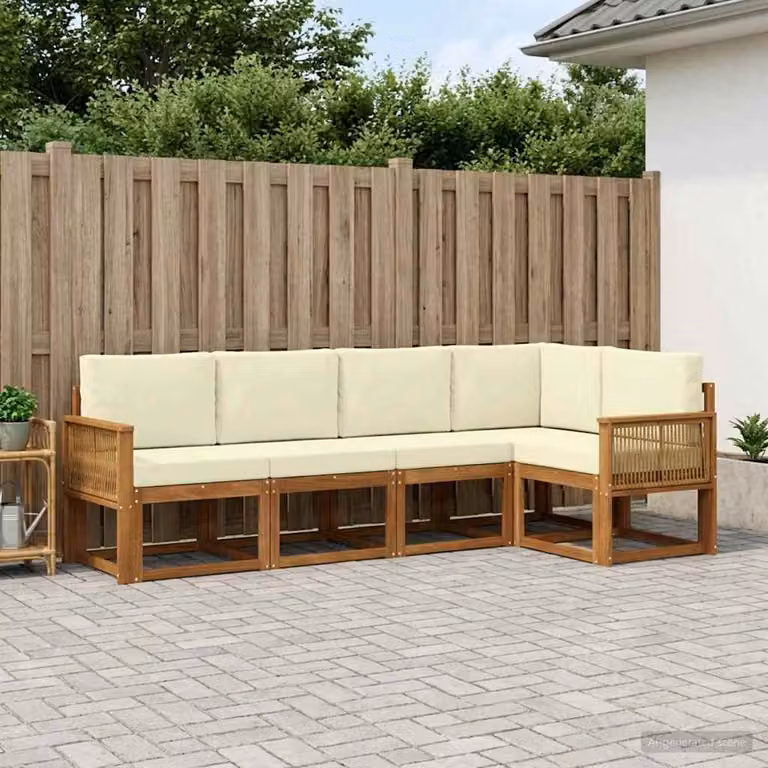 Set di divani da esterno vidaXL a forma di L composto da 5 pezzi in legno di acacia con cuscini beige e bianco