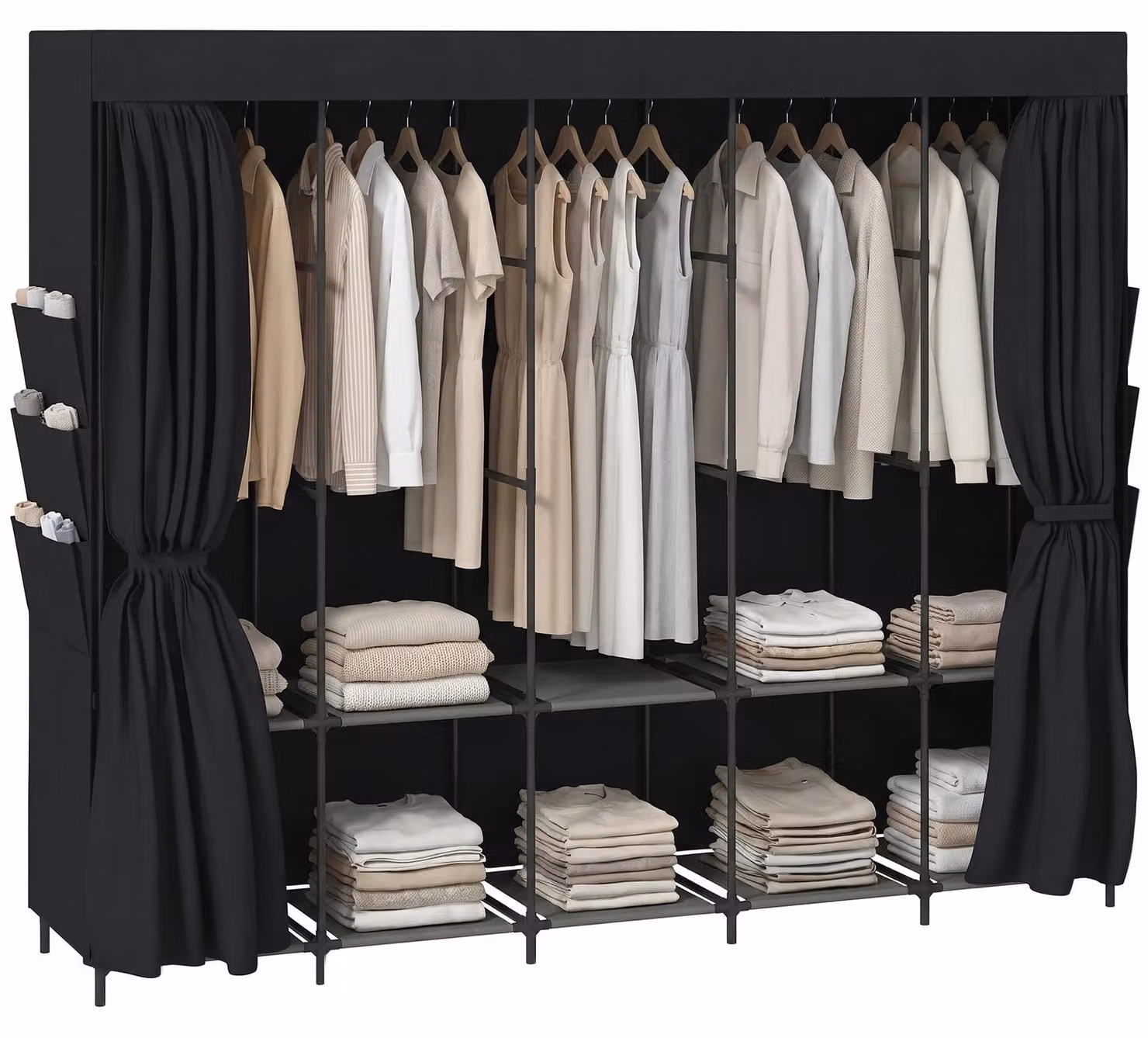 Armadio pieghevole in tessuto - 2 ante - 5 aste appendiabiti e ripiani - Rivestimento in tessuto con struttura in metallo - 212 x 45 x 167 cm - Nero