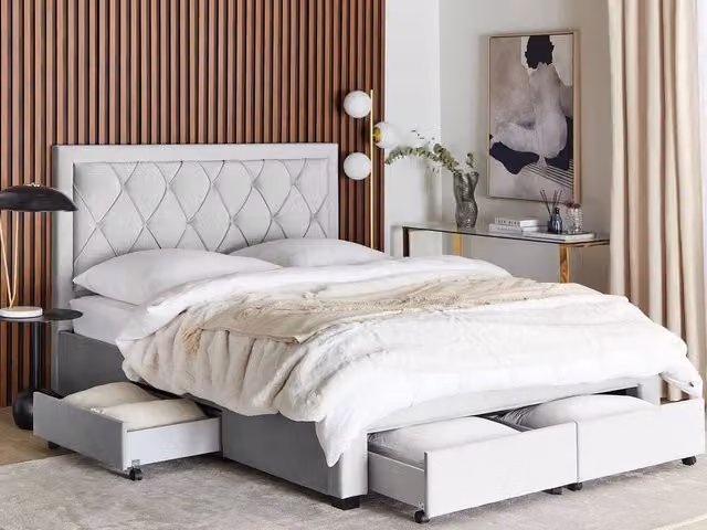 Letto contenitore Glam Design in velluto grigio con cassetti e testiera alta L/P/H: 160 x 200 x 122 cm