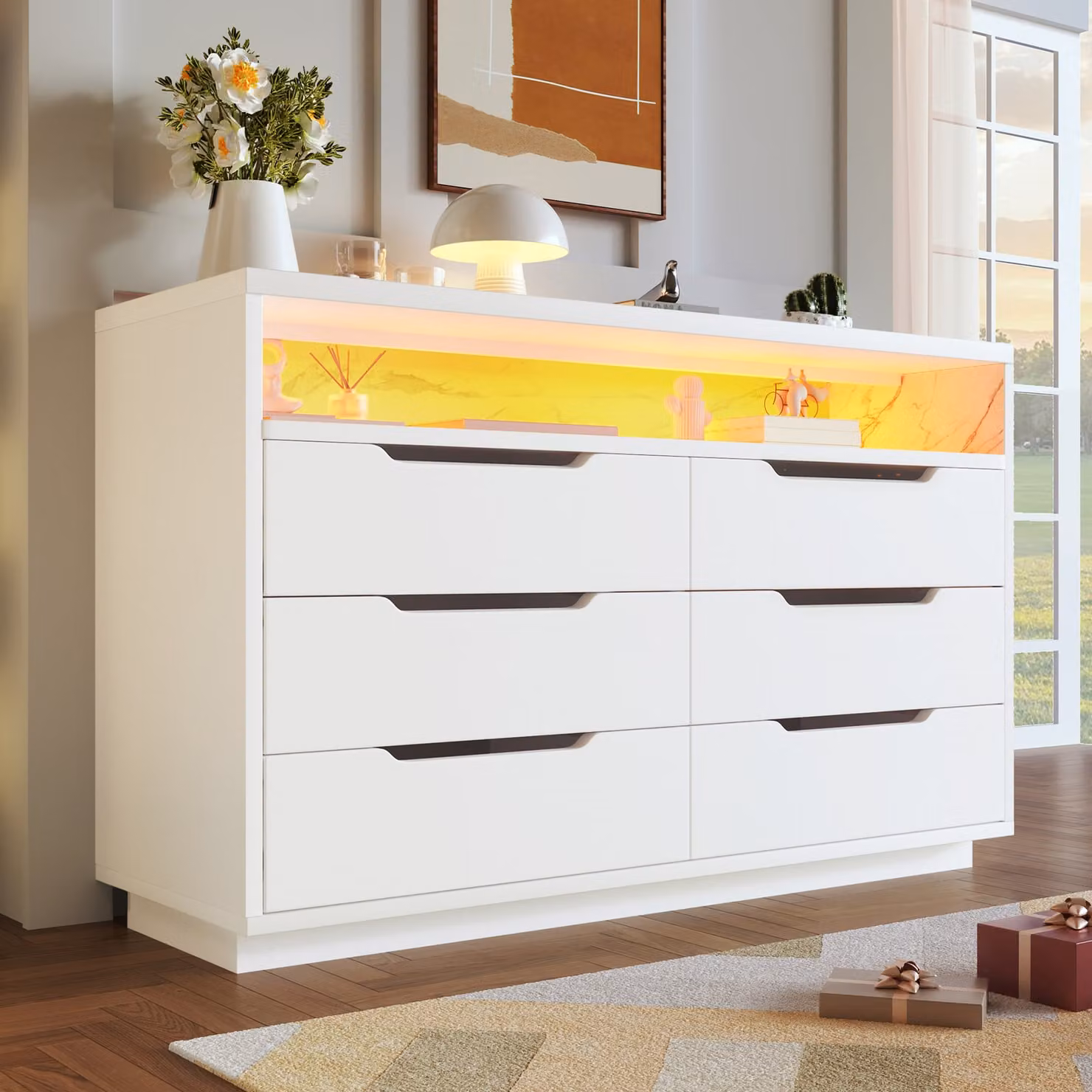 okwish Mobiletto da cucina, Mobiletto portaoggetti, Comodino, Mobiletto a buffet, Mobiletto in MDF, Cassettiera con illuminazione a LED, design in marmo, 6 cassetti, Bianco