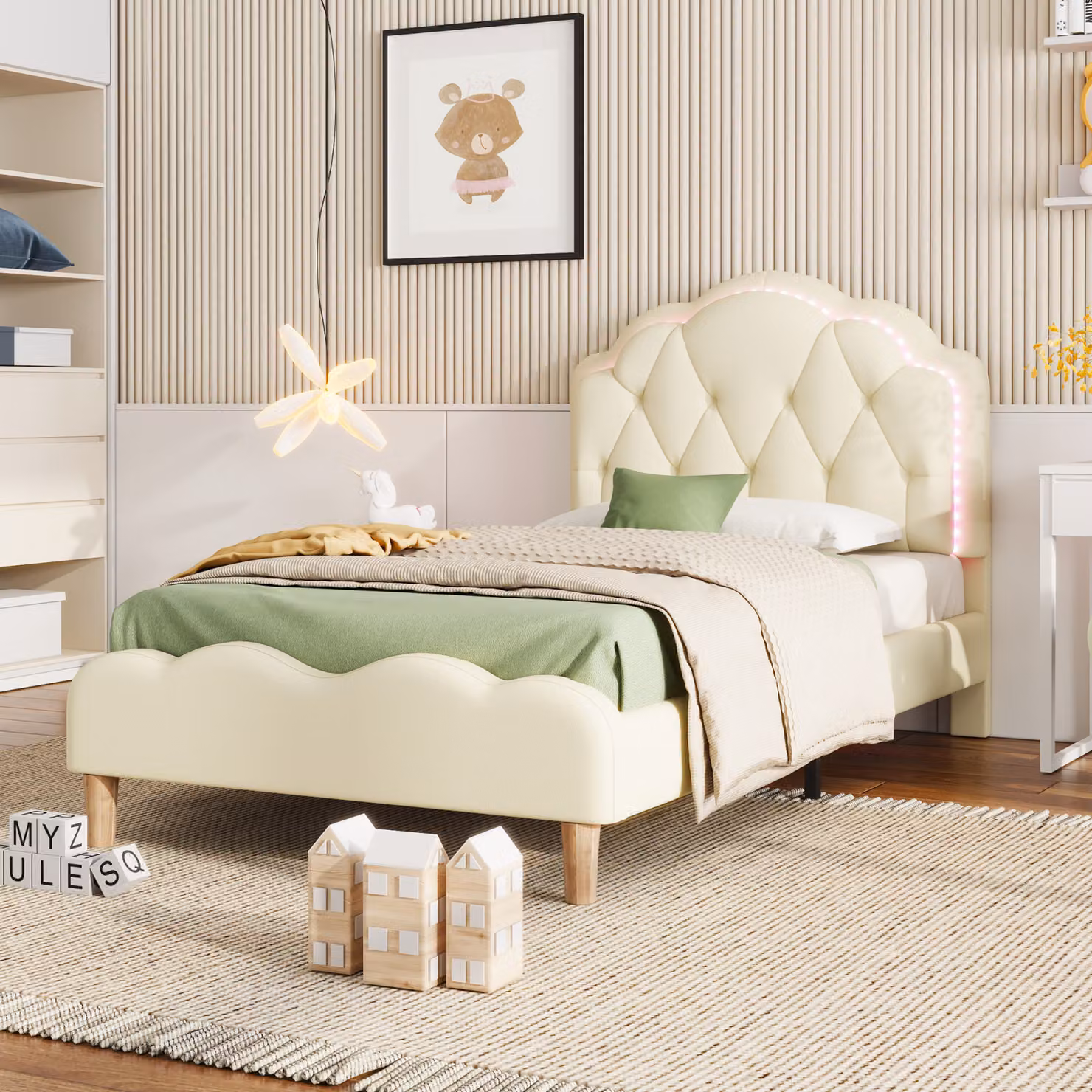 Letto imbottito Fortuna Lai 90x200cm con testiera a onda e LED, letto per ragazzi con rete a doghe, letto singolo in legno, PU, bianco