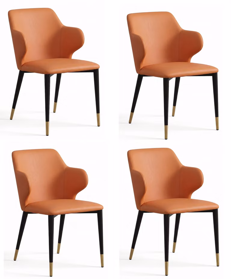 Set di 4 sedie da pranzo di design, colore arancione, rivestite in ecopelle, con braccioli a forma di ali