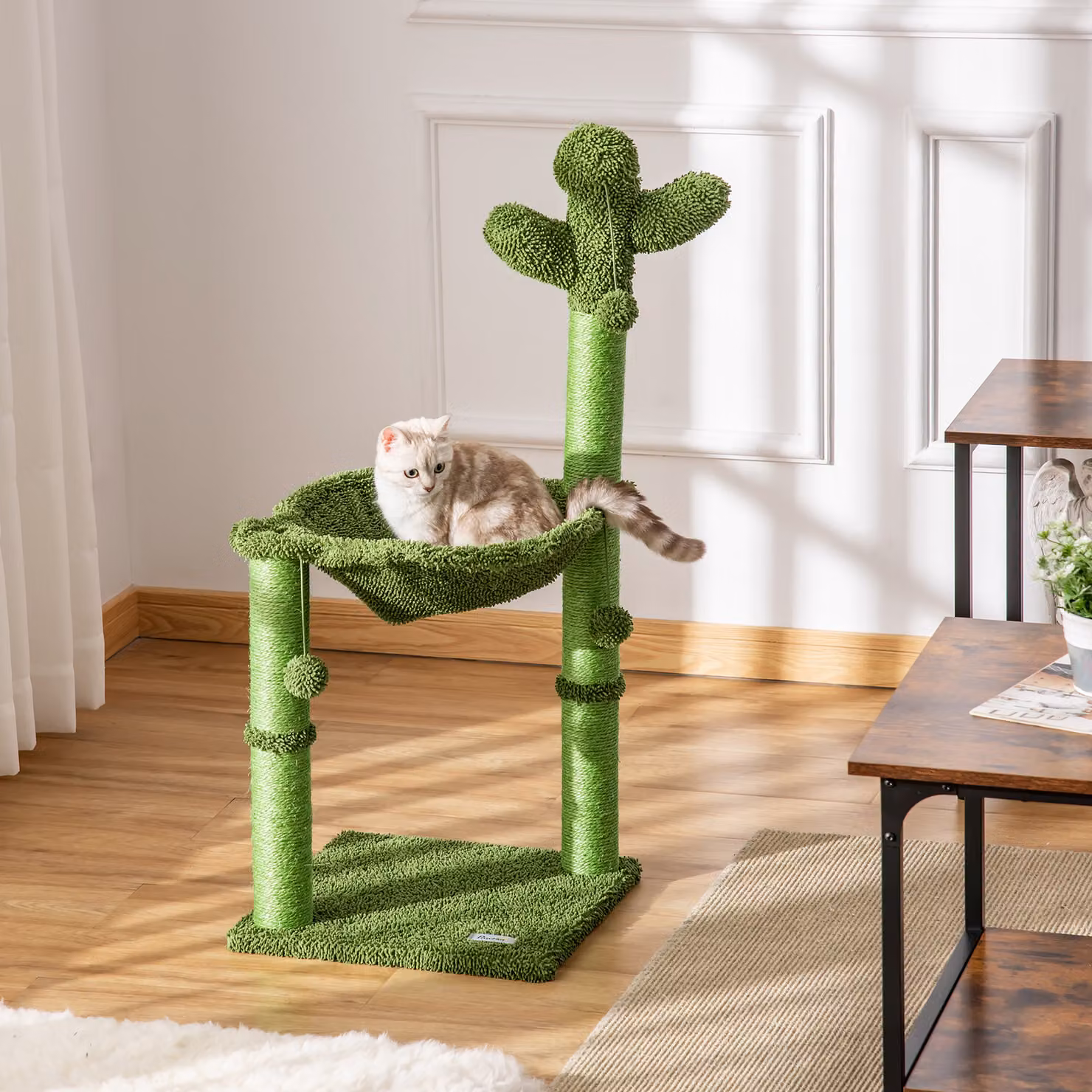 Albero Tiragraffi per Gatti PawHut a Forma di Cactus con Amaca e Giocattoli Integrati, Corda in Sisal, Verde, Altezza: 96 cm – 2