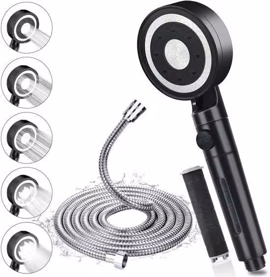 Soffione doccia ad alta pressione con 5 getti, soffione doccia a risparmio idrico con filtro, nero, per adulti, bambini e animali domestici