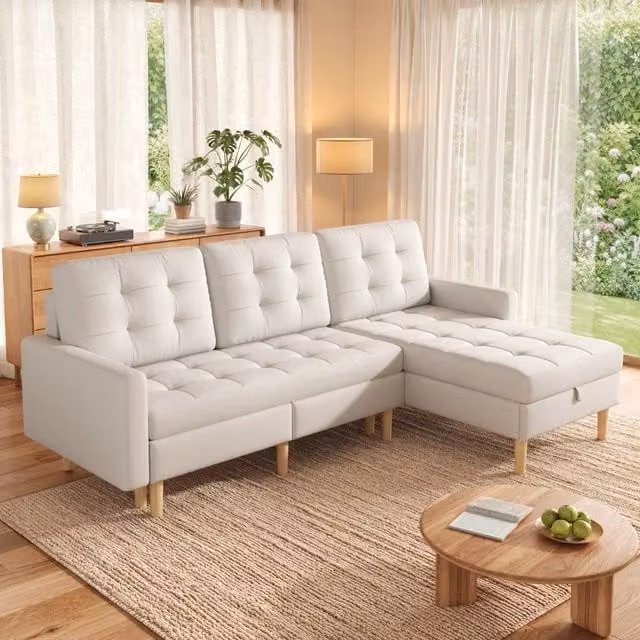 Divano Angolare Beige a L 3 Posti con Penisola Reversibile 212x130x86 cm