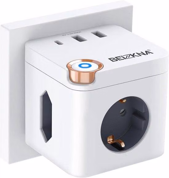 Pannello di distribuzione a forma di cubo, con 3 prese e porta USB-C, colore bianco
