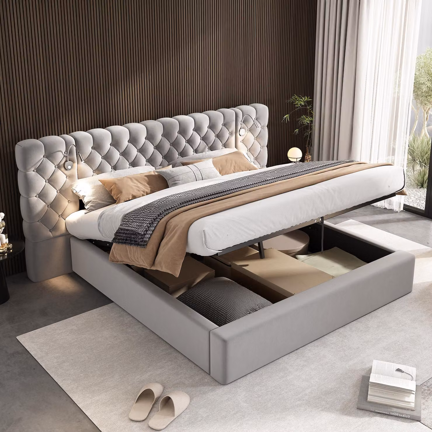 Letto imbottito 180 x 200 cm, letto idraulico, letto contenitore, letto matrimoniale, illuminazione LED, grigio