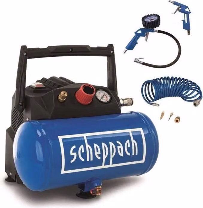 Compressore Scheppach HC06, serbatoio da 6 litri, 8 bar, 1200 W, 200 l/min, set di accessori incluso