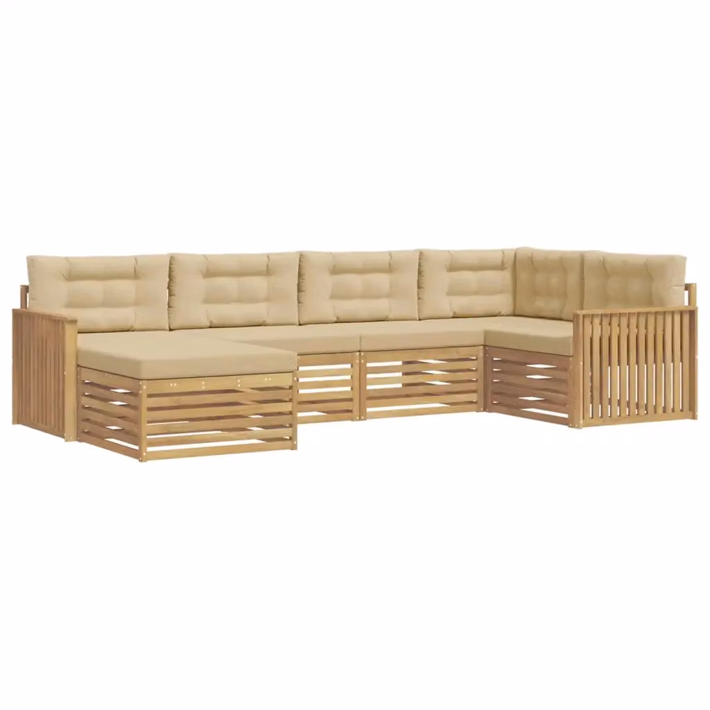 Set di divani da esterno a L vidaXL in legno di acacia con pouf e cuscini, Bianco e Beige – 2