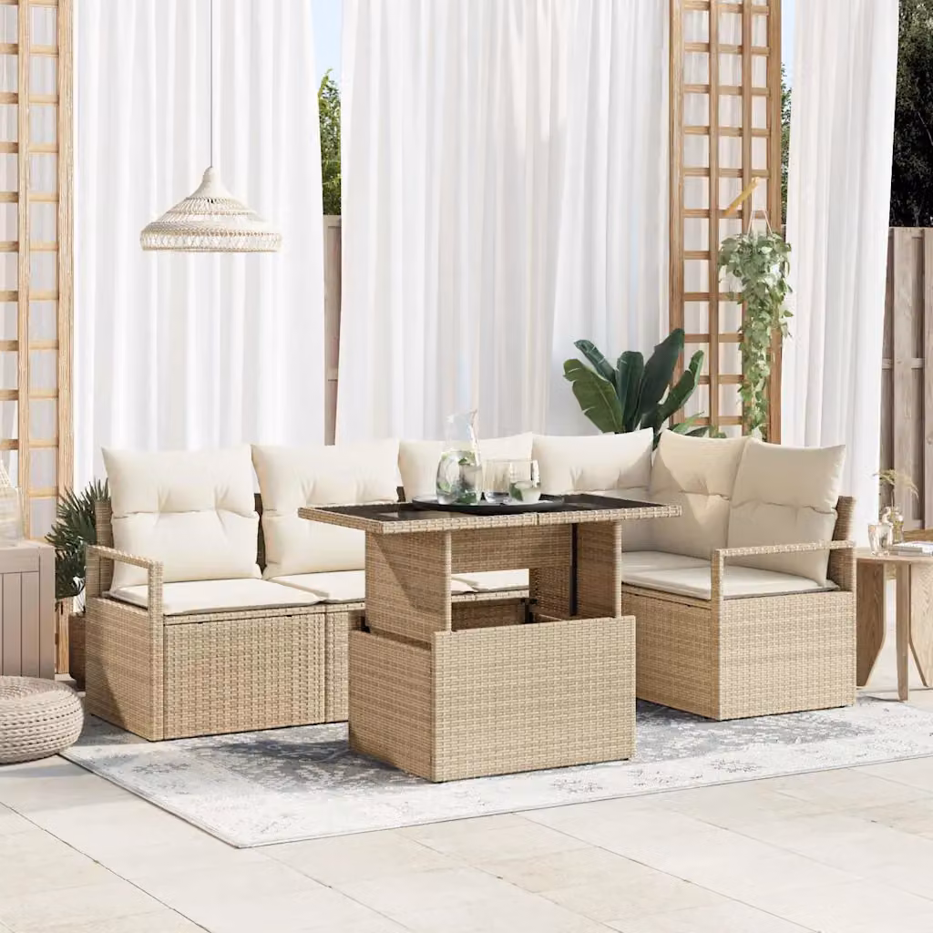 Set Divano da Giardino vidaXL a Forma di L con Tavolino in Vetro e Cuscini Beige, 6 Pezzi