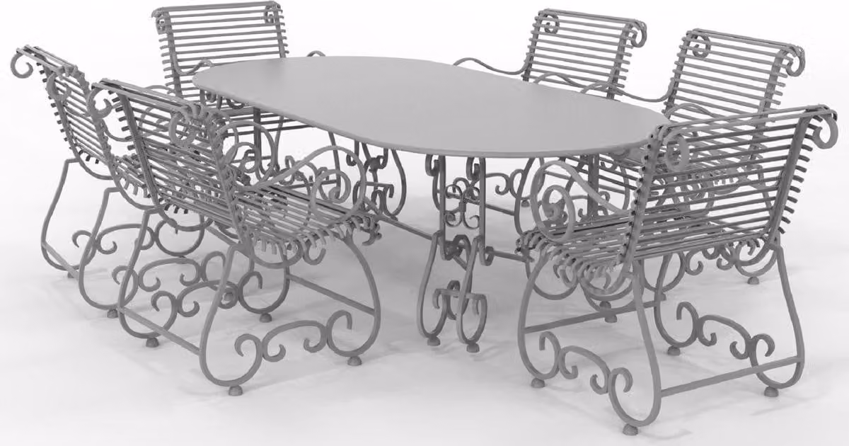 Casa Padrino Set di mobili da giardino in ferro battuto liberty - Vari colori - 1 tavolo ovale e 6 sedie da giardino con braccioli - Mobili da giardino e da giardino in ferro battuto liberty