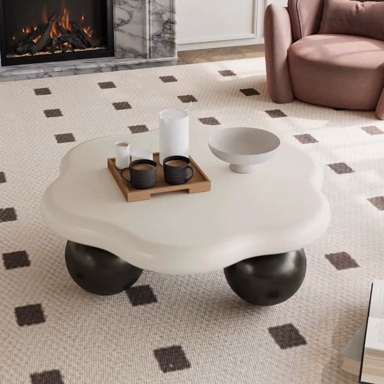 Tavolino da caffè a forma di nuvola - 80 cm - Design moderno e minimalista - Forma a petalo - Gambe sferiche - Materiali: MDF e plastica - Piano del tavolo bianco, gambe nere
