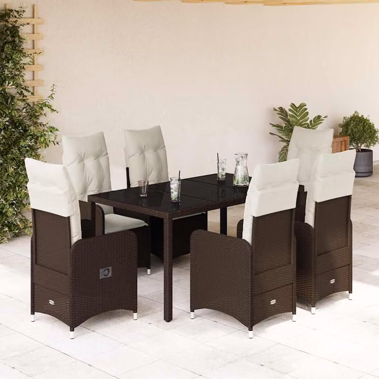 vidaXL Set Bistrò da Giardino 7 pz in Polyrattan e Metallo con Cuscini e Piano in Vetro Marrone
