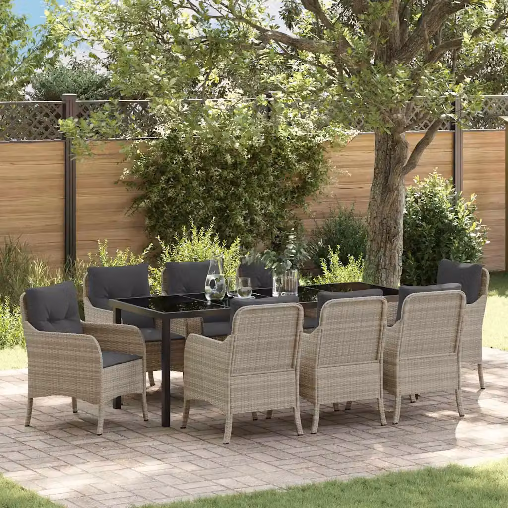 Set da pranzo per giardino e terrazzo vidaXL in polyrattan e vetro, 9 pezzi, Grigio