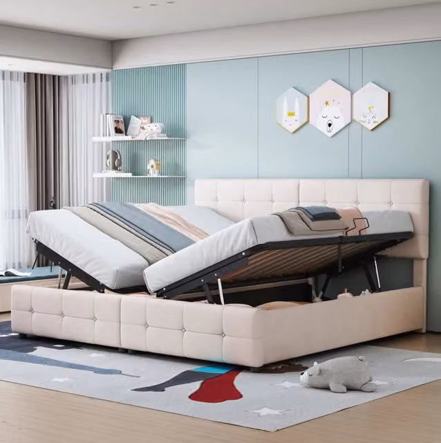 Letto imbottito 180x200 cm beige in velluto con contenitore idraulico