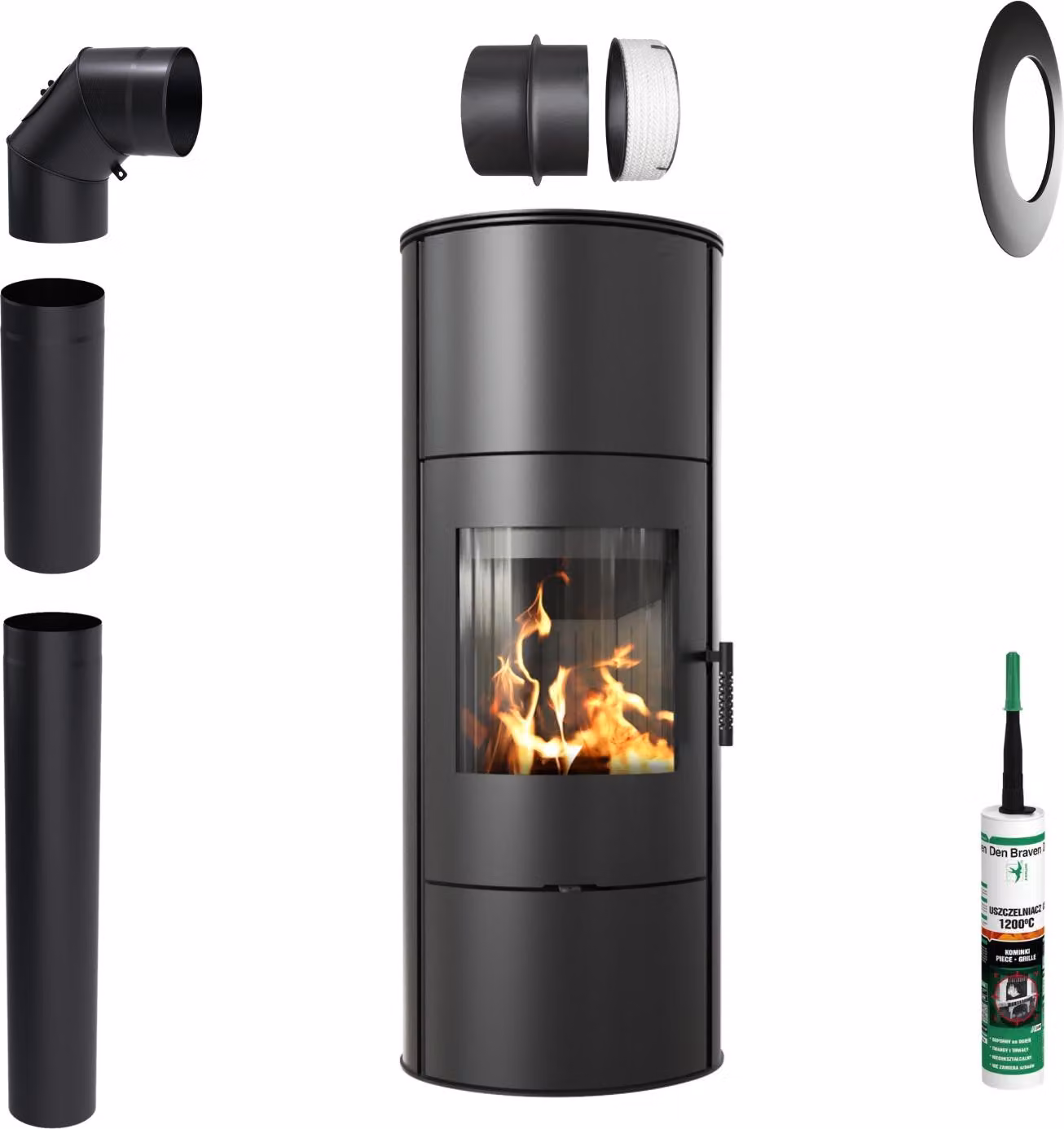 Stufa caminetto ROLLO/W GRILLES 7kW fi 150 Nero TERMOTEC Set