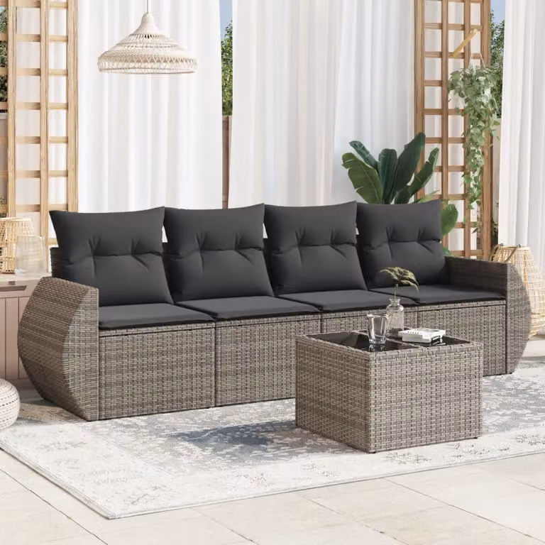 Set Divano da Giardino vidaXL 5 Pezzi in Polyrattan Grigio con Cuscini e Tavolino da Esterno