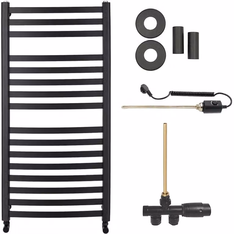 Set radiatore per bagno Paolo - riscaldamento combinato, barra termica - collegamento laterale a un punto - 600W - nero opaco - 1090x550 mm