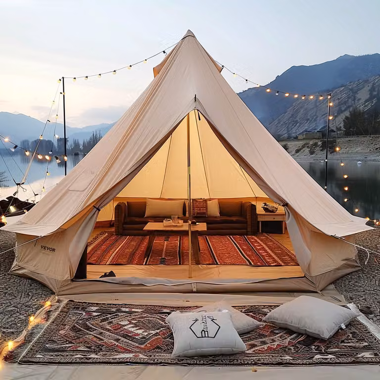 Tenda a campana 7 x 3,5 m Tenda yurta TC in cotone e robusti pali in ferro con telo di fondo in PVC Tenda da campeggio per famiglie 12 persone Tenda per gruppi con 12 finestre per avventure all'aperto