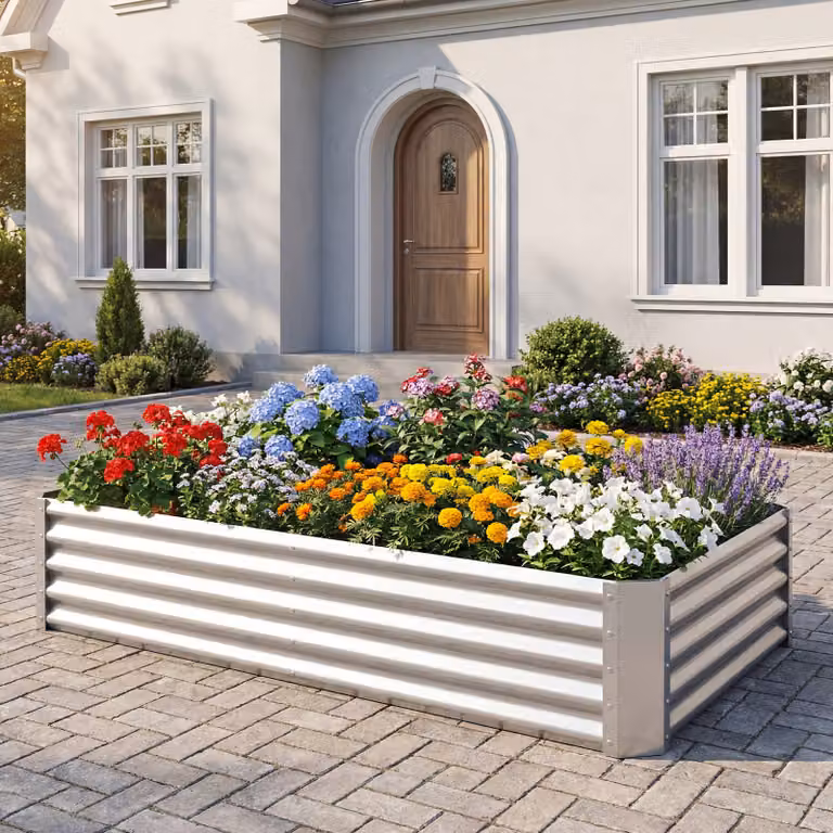 Costway Orto rialzato da esterno in metallo zincato argento, fioriera per piante e verdure L: 179,5 cm, P: 92 cm, H: 29,5 cm