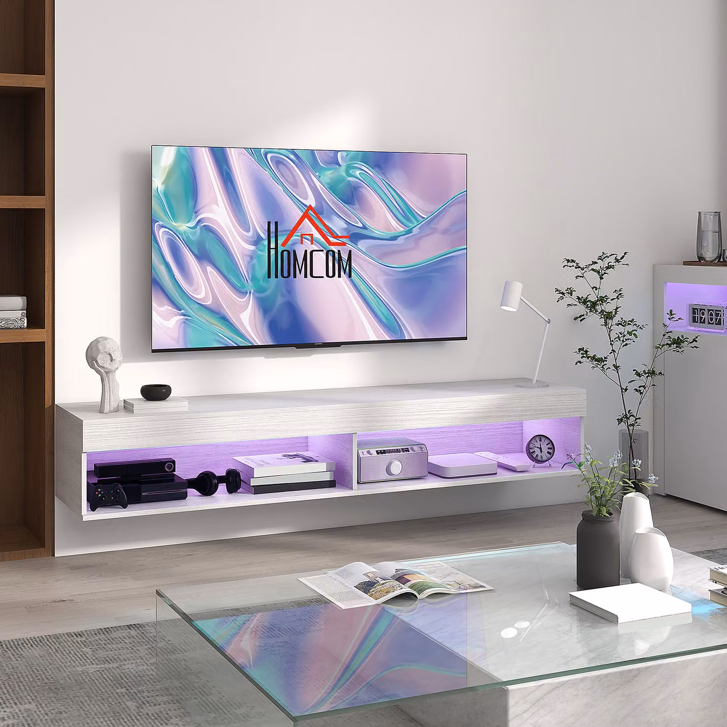 Mobile TV sospeso HOMCOM moderno con illuminazione LED integrata e ripiani, bianco, L 180 cm x P 40 cm x H 30 cm – 2