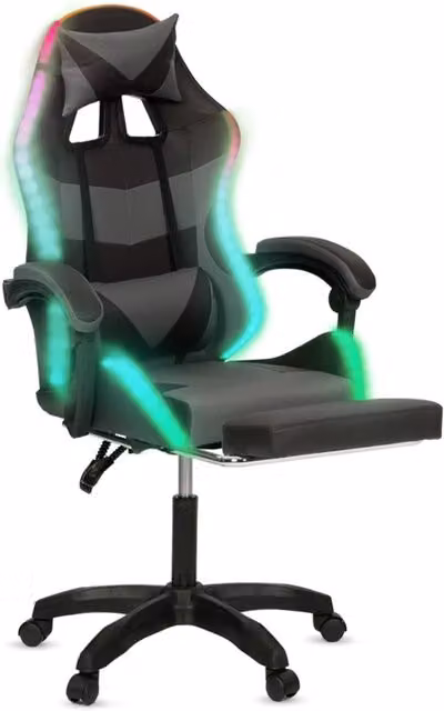 Sedia da gioco IDMarket LUC LED con poggiapiedi, cuscino per la testa e supporto lombare, nero e grigio – 1
