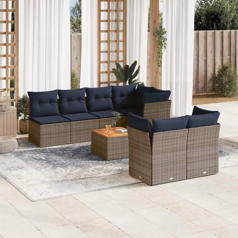 Set di Divani da Giardino vidaXL 8 Pezzi in Polyrattan con Cuscini e Tavolino da Caffè, Design Moderno a L, Grigio e Blu