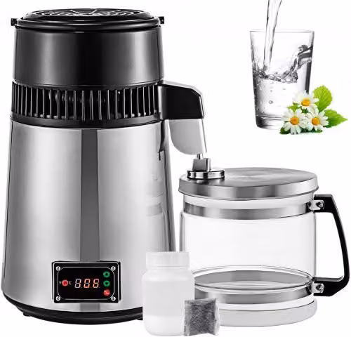 VEVOR Distillatore e Purificatore d'Acqua da 4L con Controllo della Temperatura, Argento e Acciaio Inox
