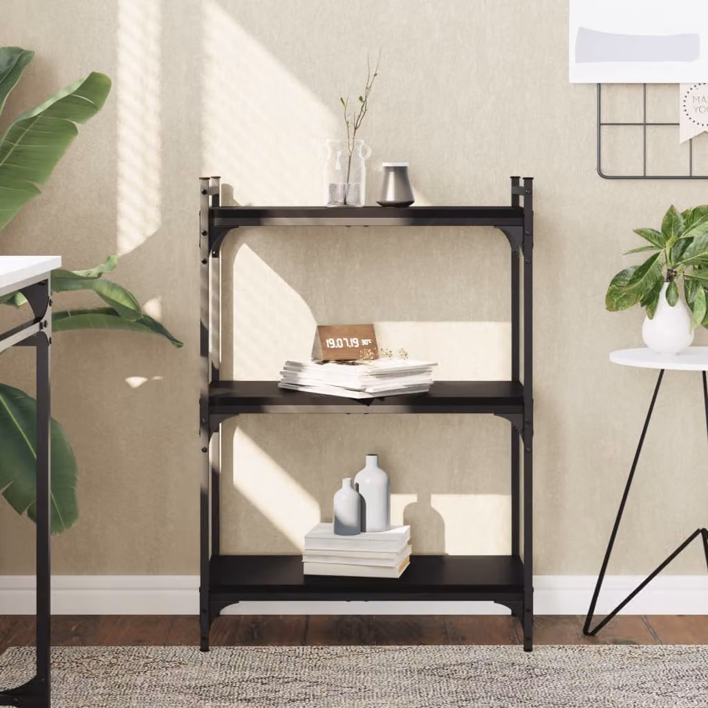 Libreria industrial a 3 ripiani vidaXL in legno e metallo nera L 60 cm, P 30 cm, H 86 cm