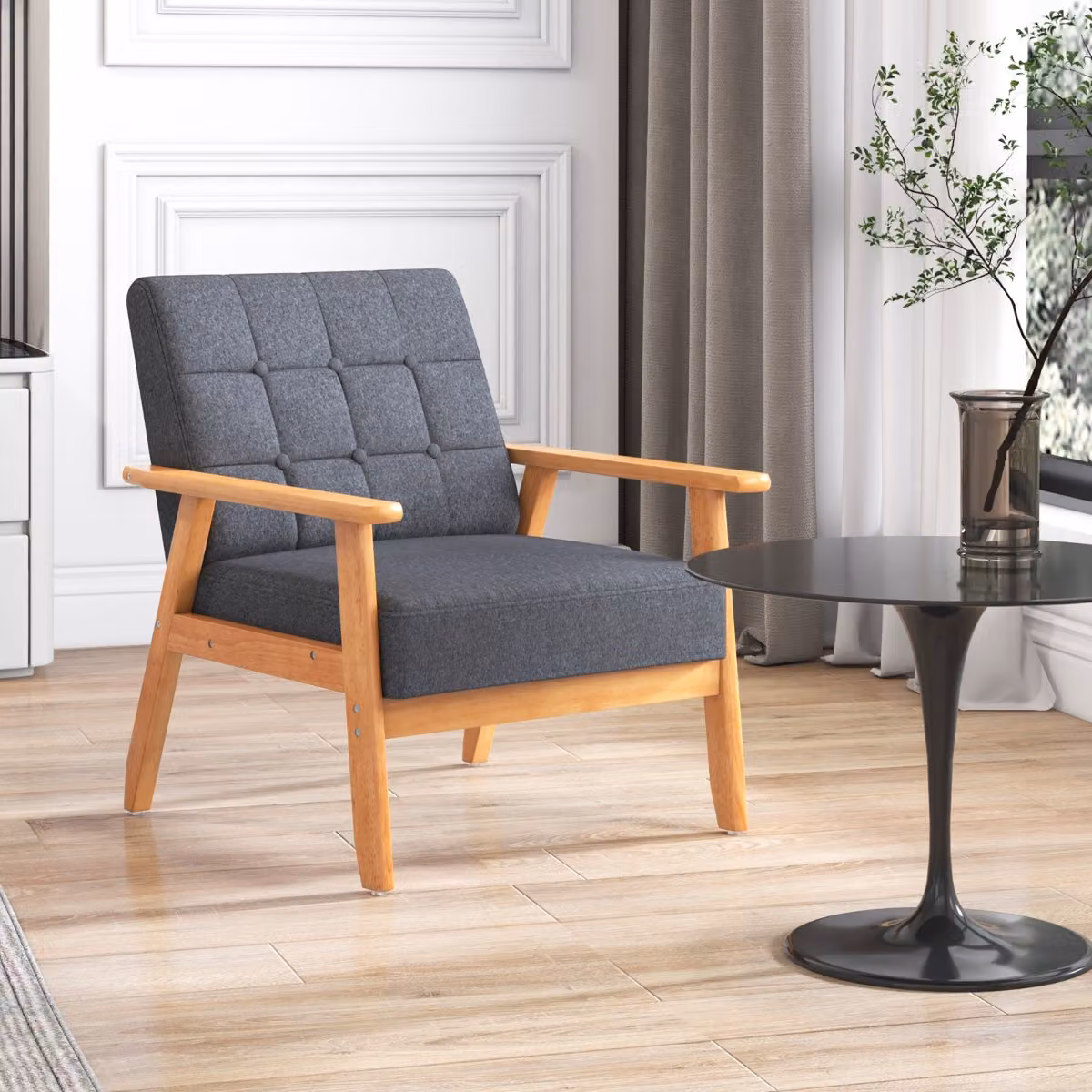 Poltrona moderna Costway con braccioli imbottita in lino e telaio in legno massiccio di gomma, Grigio