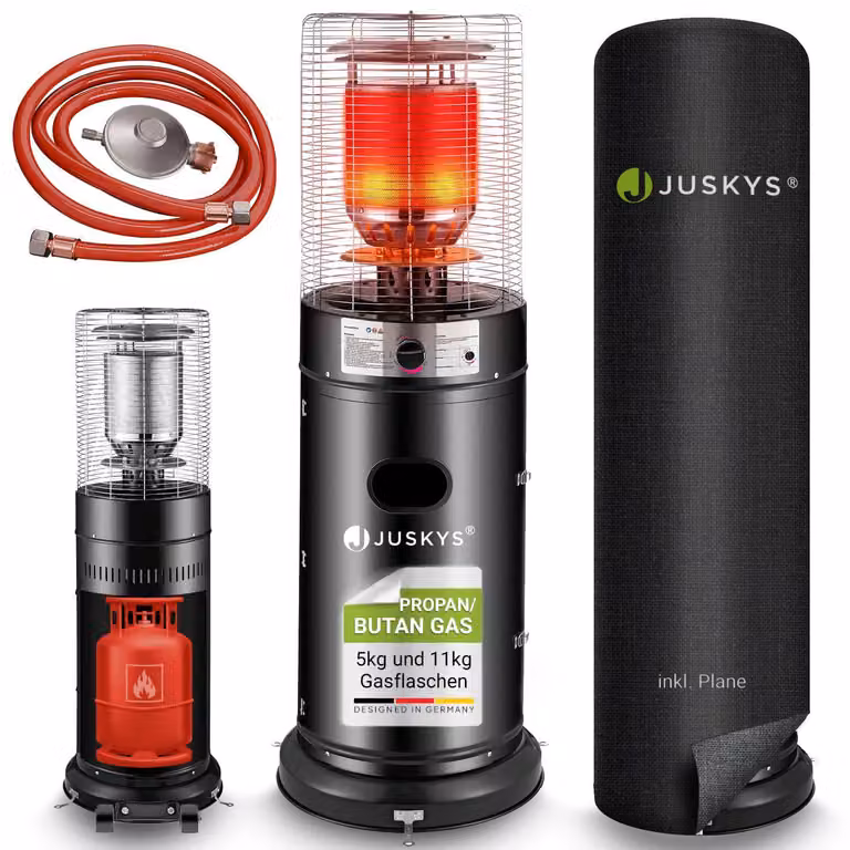 Riscaldatore radiante da esterno Juskys Cuna con bruciatore a gas da 11 kW - riscaldatore a gas per patio, balcone e giardino - per bombole di gas da 5 e 11 kg