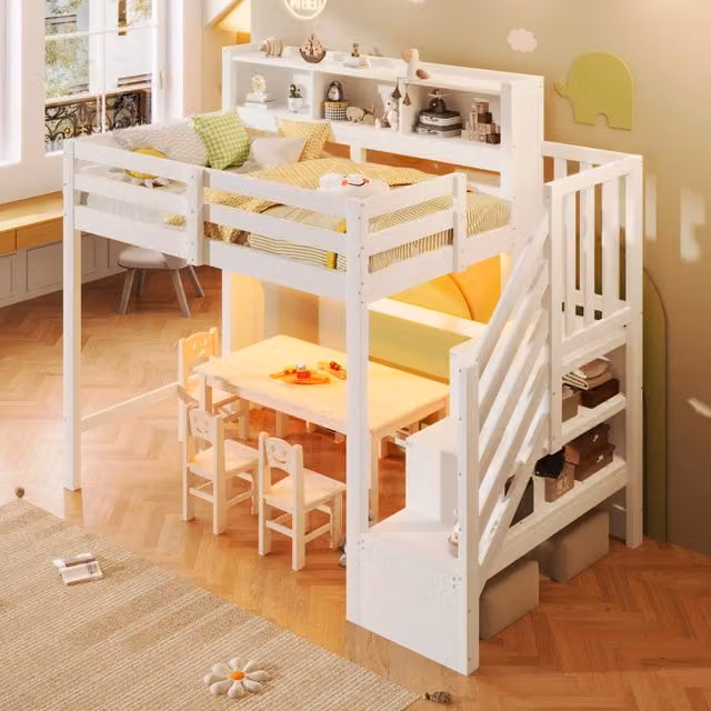 Letto a soppalco per bambini 90 × 200 cm con LED, scala contenitore, ripiani aperti, senza materasso, bianco