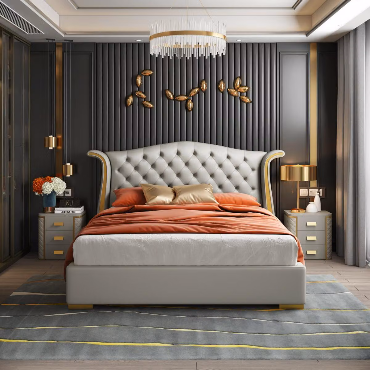 Luxus Bett Leder Betten 180x200 Schlafzimmer Liege Regale Chesterfield