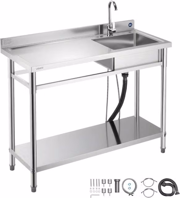 Lavello mobile in acciaio inox con vasca singola, rubinetto e ripiano, piano sinistro per garage e lavanderia, SS1200-3, 1200 x 500 x 940 mm