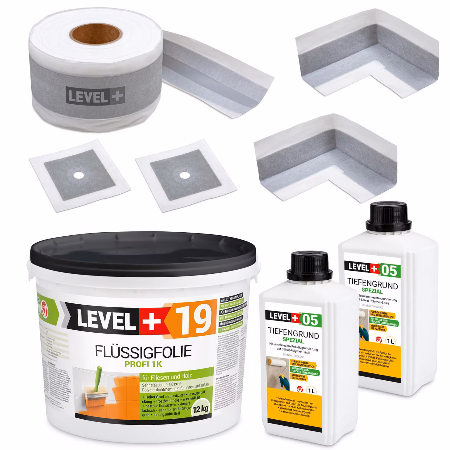 Kit impermeabilizzante: Membrana liquida 12 kg, Nastro 10 m, Primer 2 L, Manicotti, Angoli, Balcone, Bagno LEVEL+ SET523