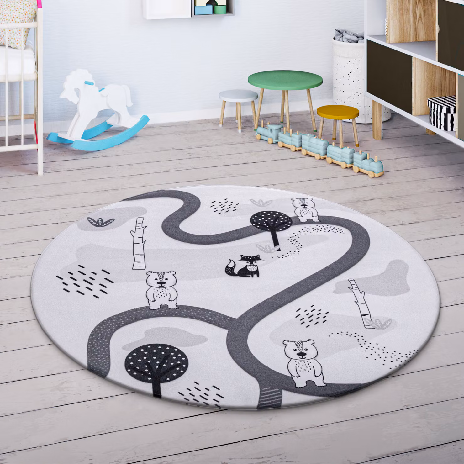 Tappeto rotondo lavabile per bambini Chiko bianco e grigio con motivo animale, Diametro: 80 cm – 2