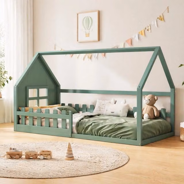 Letto per bambini a forma di casetta 90 x 200 cm in pino e MDF verde
