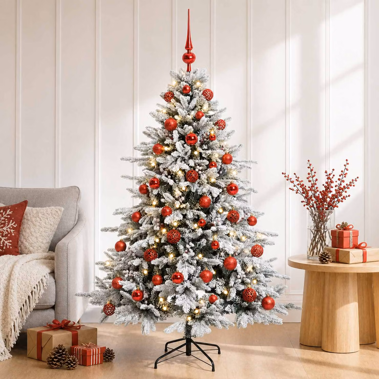 Albero di Natale artificiale vidaXL verde con 150 LED luce bianca calda e decorazioni bianche, Altezza: 150 cm