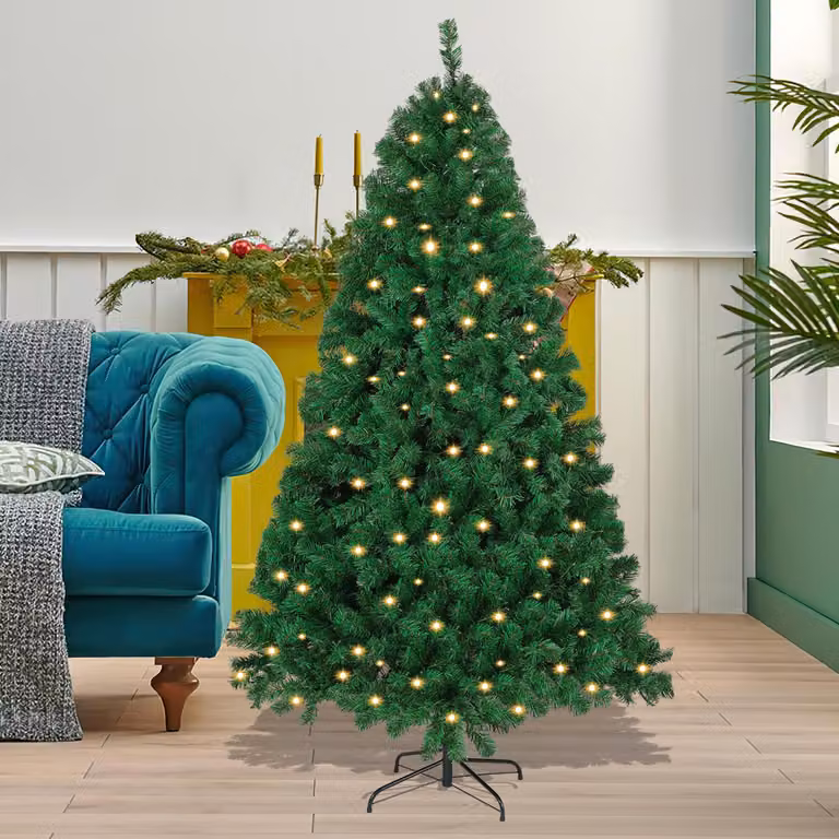 Albero di Natale artificiale con catena di luci a LED, rami autostabili e base in metallo, facile da montare, con un aspetto folto, altezza 120 cm