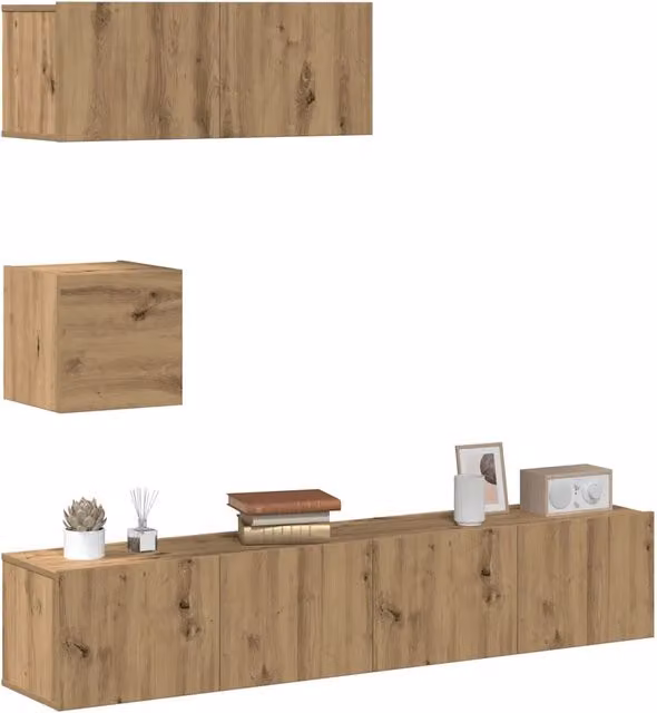 Set di 4 pezzi Mobile TV e Credenza da parete in legno multistrato Rovere, design classico marrone opaco