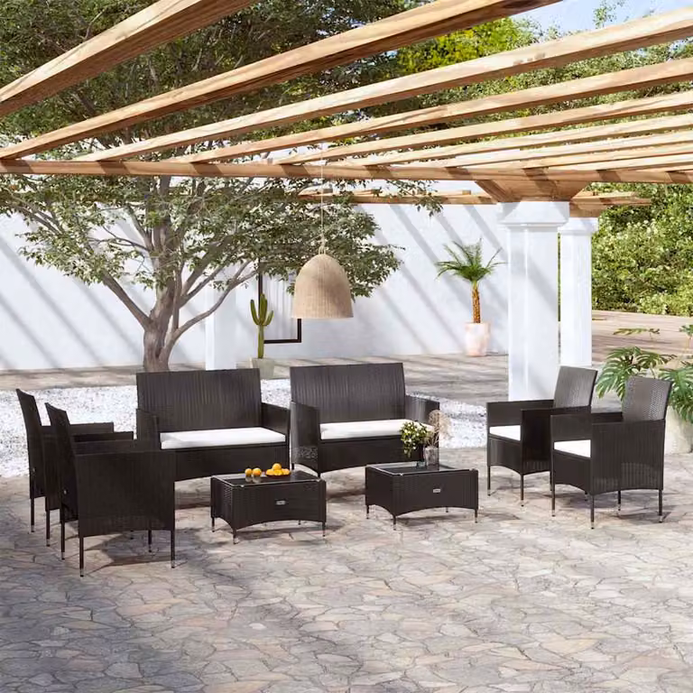 Set di divani da giardino vidaXL 8 pezzi con cuscini in polyrattan e struttura in metallo colore nero
