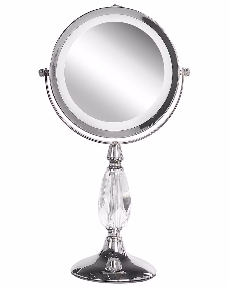 BELIANI Specchio per il trucco argento rotondo bifacciale ruotabile con supporto per luce LED ingrandimento 5x Specchio da tavolo moderno per il trucco