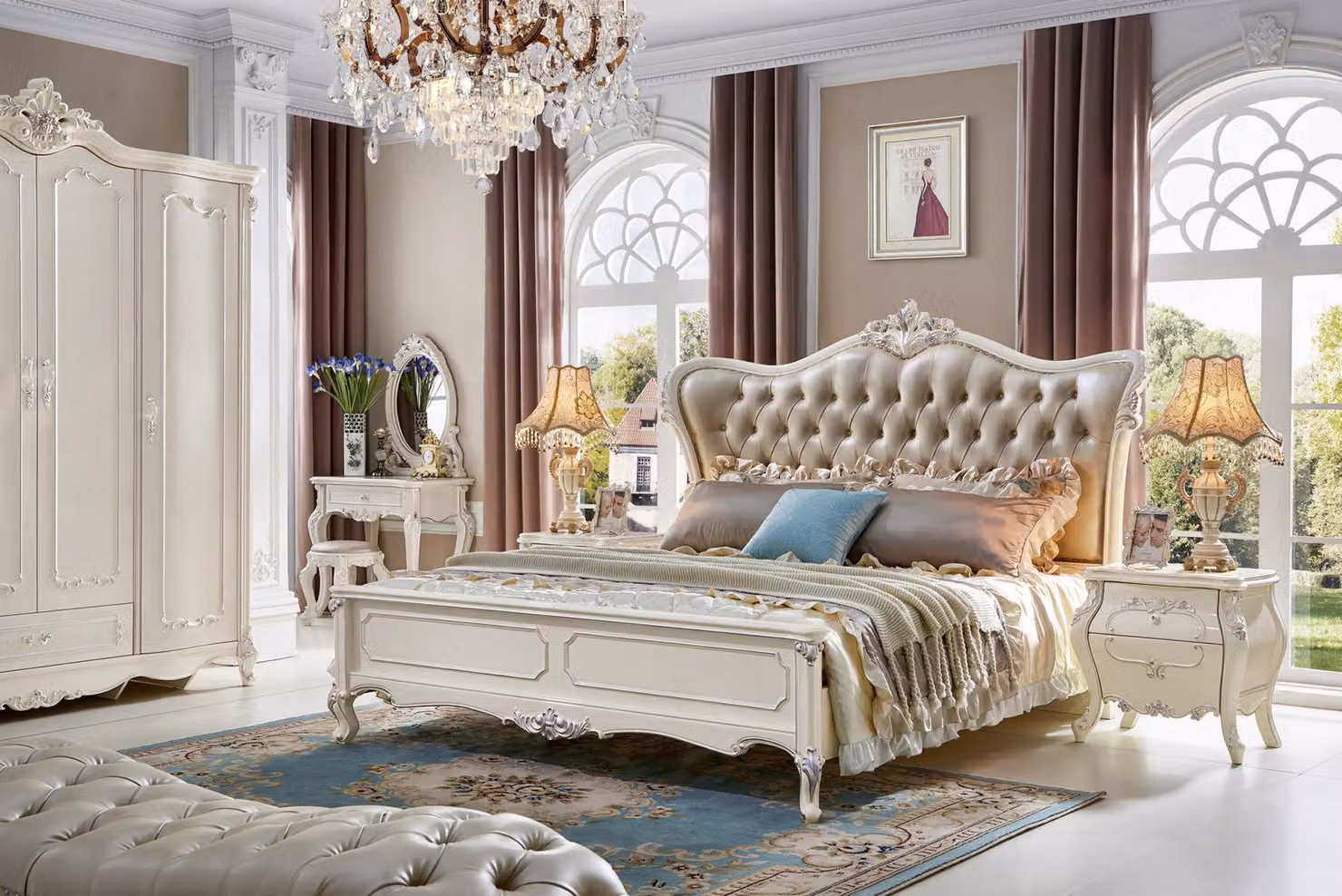 Schlafzimmer Design 6 tlg. Komplett Bett Nachttisch Schminktisch Echtholz