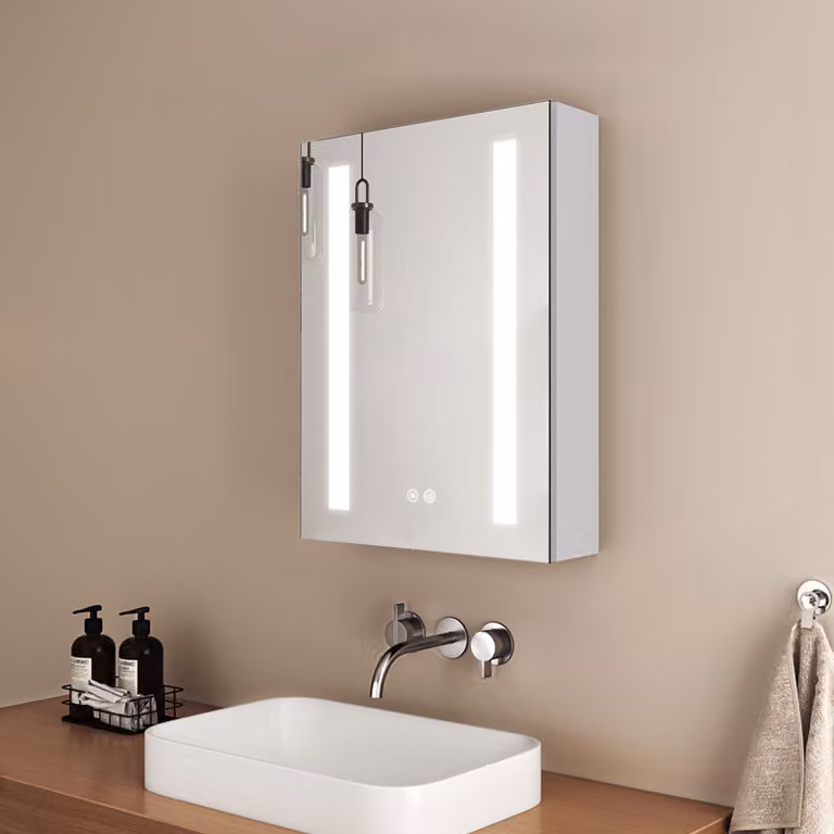 Armadio a specchio EMKE con illuminazione 145 x 400 x 600 mm Armadio da bagno con antiappannamento e touch, dimmerabile a 3 colori e con presa di corrente Armadio a specchio LED