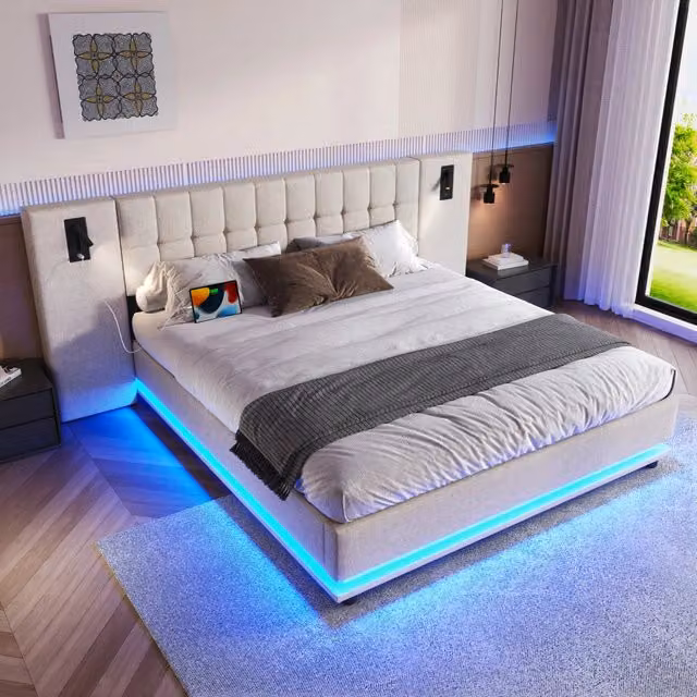 Letto imbottito 180x200 cm con LED multicolore; faretto; USB; lino e MDF; beige