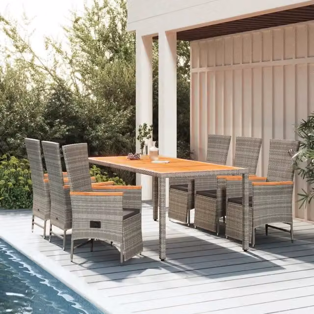 Set da pranzo da giardino vidaXL in polyrattan e legno di acacia grigio, 7 pezzi