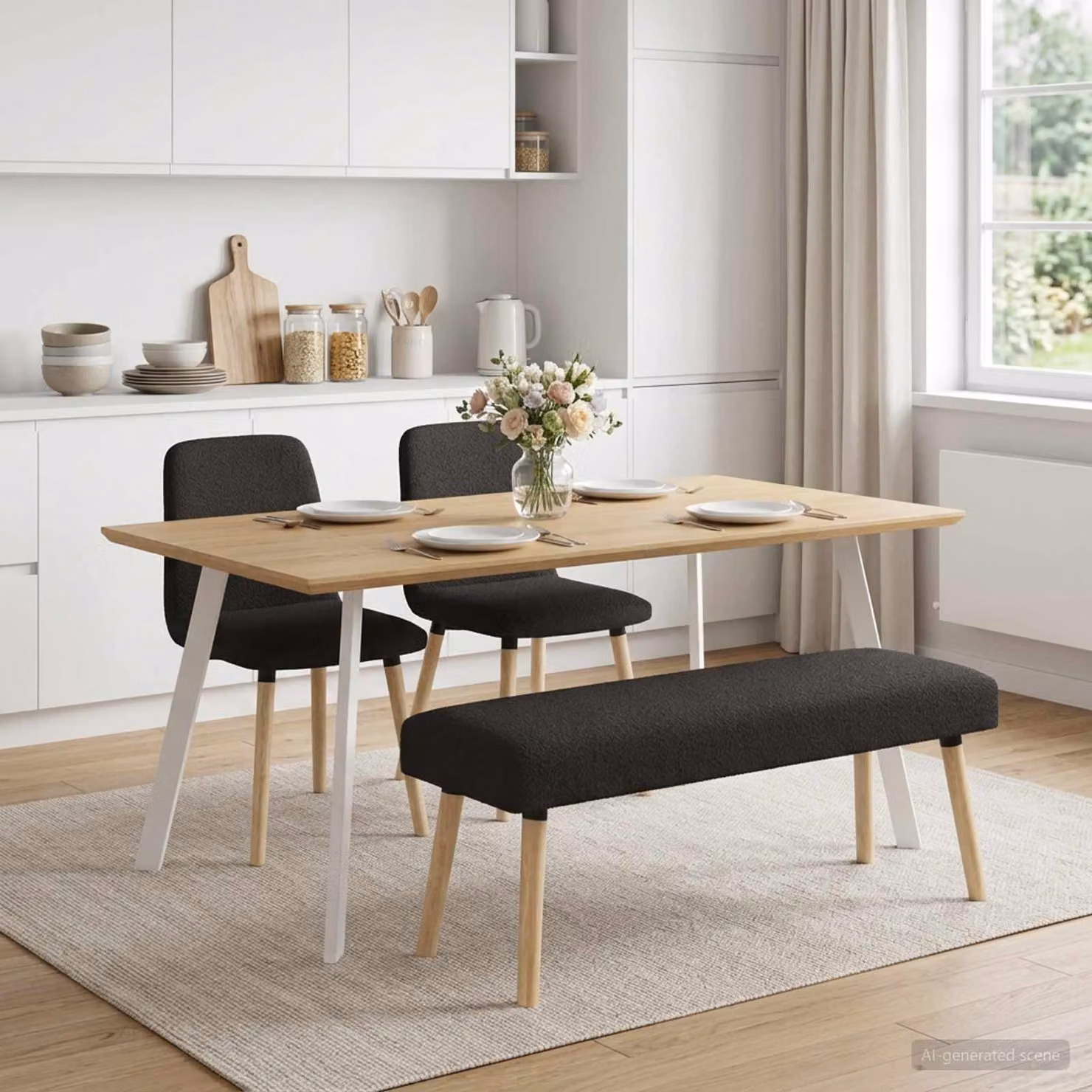 Panchina moderna vidaXL in tessuto bouclé nero con struttura in legno, L 110 x P 40 x H 46 cm