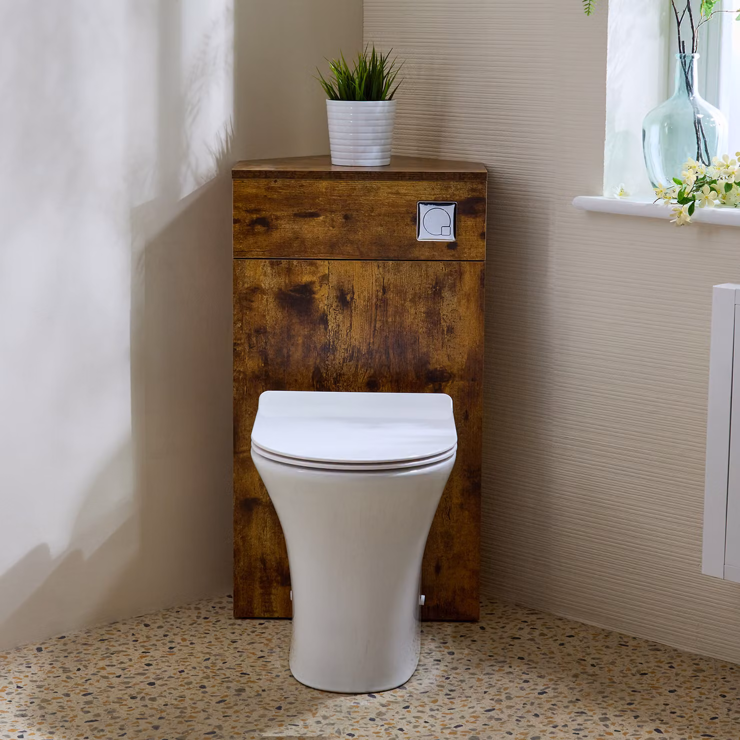 Unità WC Angolare per WC in Rovere Scuro con Sanitario Marbury - con Pulsante di Scarico Cromato - Cluo