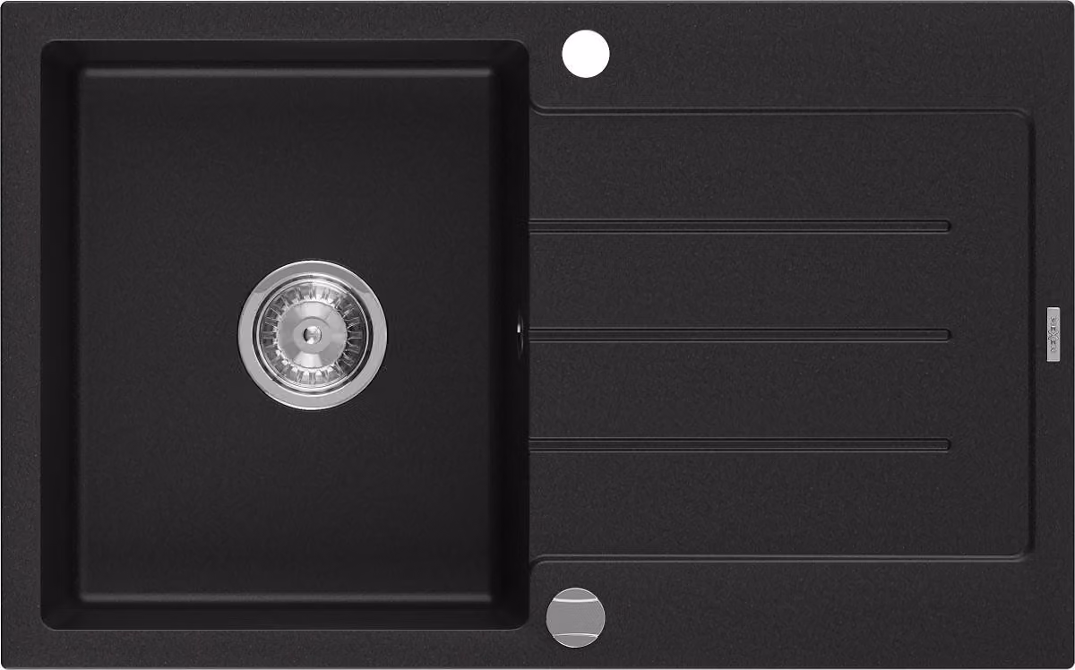 Mexen Bruno lavello in granito a 1 vasca con sgocciolatoio 795 x 495 mm, nero, sifone cromato - 6513791010-77